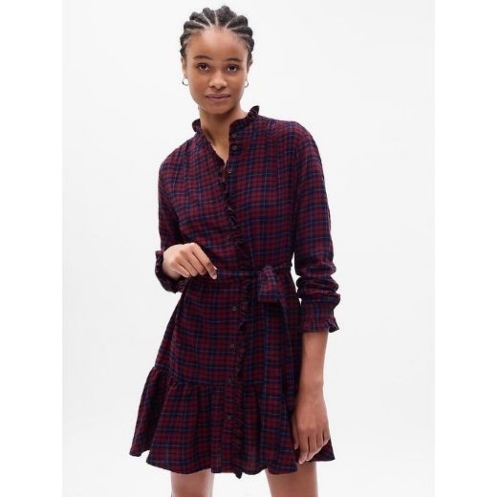 NWT GAP Plaid Tiered Mini Dress Purple Burgundy & Navy Blue Plaid Med. Tall
